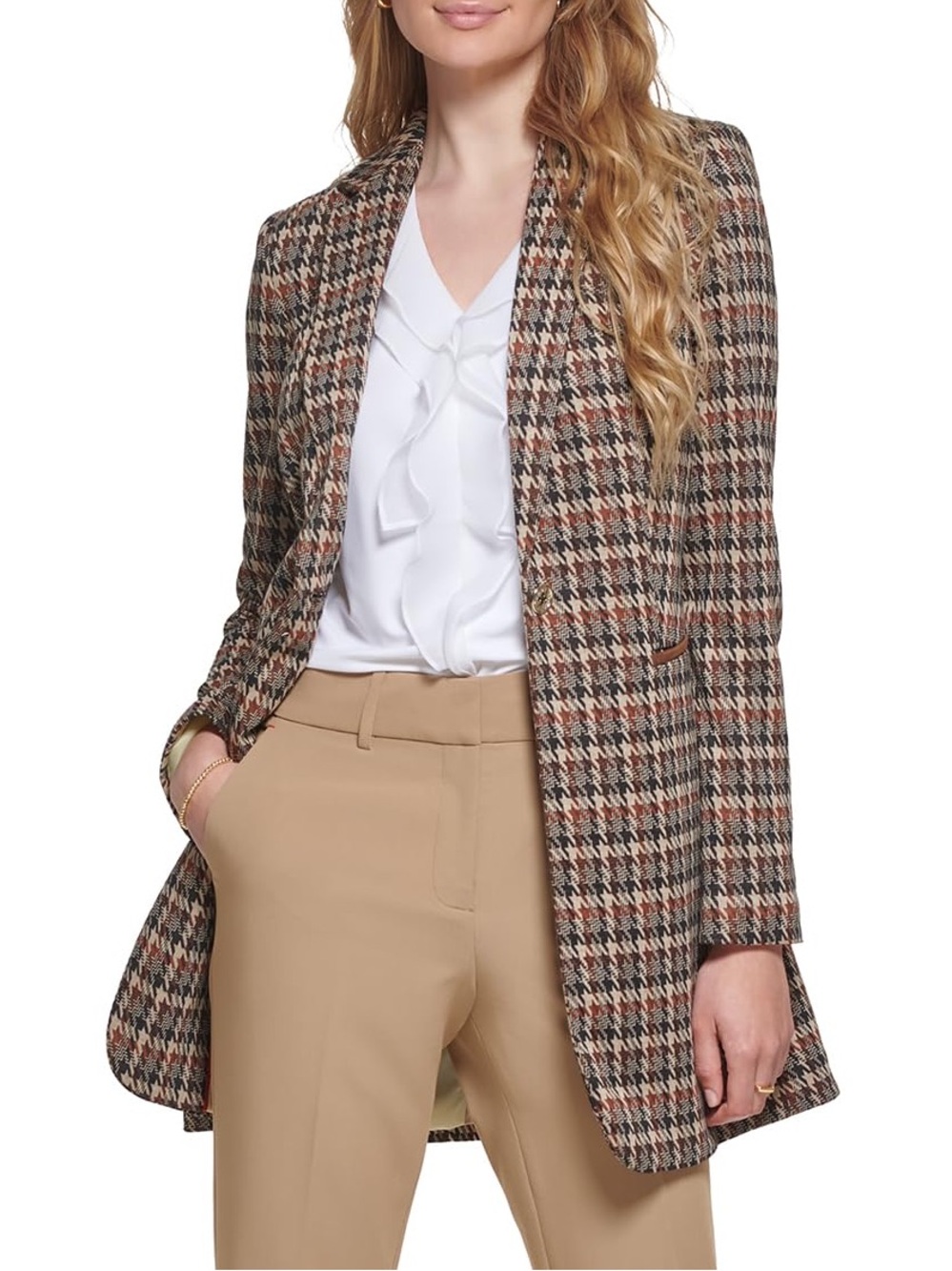 Tommy Hilfiger Houndstooth Long Blazer in Brown and Tan